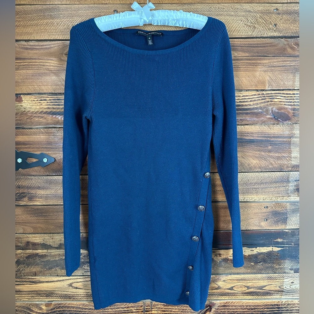 White House Black Market Blue Ribbed Sweater Dress Buttons Long Sleeve Women's M